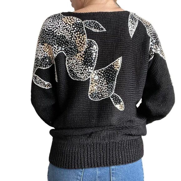 Vintage 80s Womens Black Metallic Sequen Hand Knit Retro Disco Sweater Sz M - Picture 10 of 10
